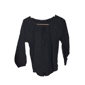 prAna Blouse Womens M Black Round Neck Tie Front Balloon Sleeve